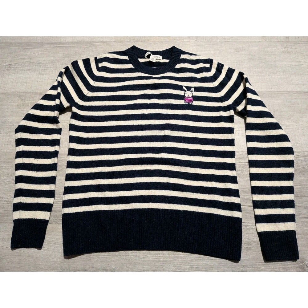 Womens Autumn Cashmere Sweater Striped w/ Bunny Navy White Sz S
